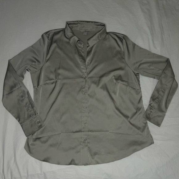 H&M Tops - H&M Satin Blouse Long Sleeve Grey/Green Notched Collar Button Down